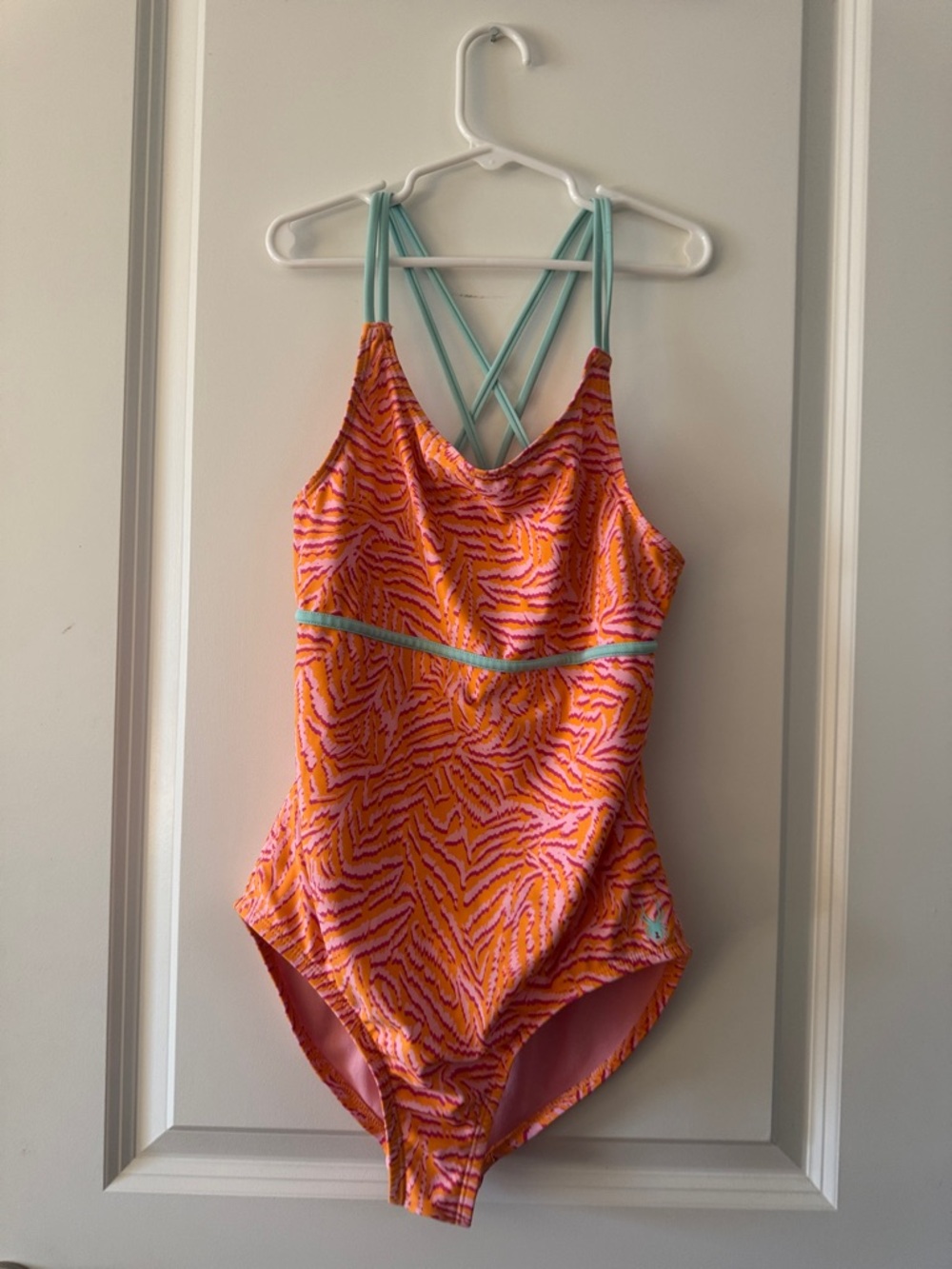 Girls Spyder Large (12/14) One Piece Orange/Pink Swimsuit, Teal cross Straps